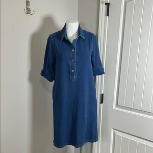 J McLaughlin Chambray Relaxed Fit Dress Knee Length Pockets Roll Sleeve Sz M